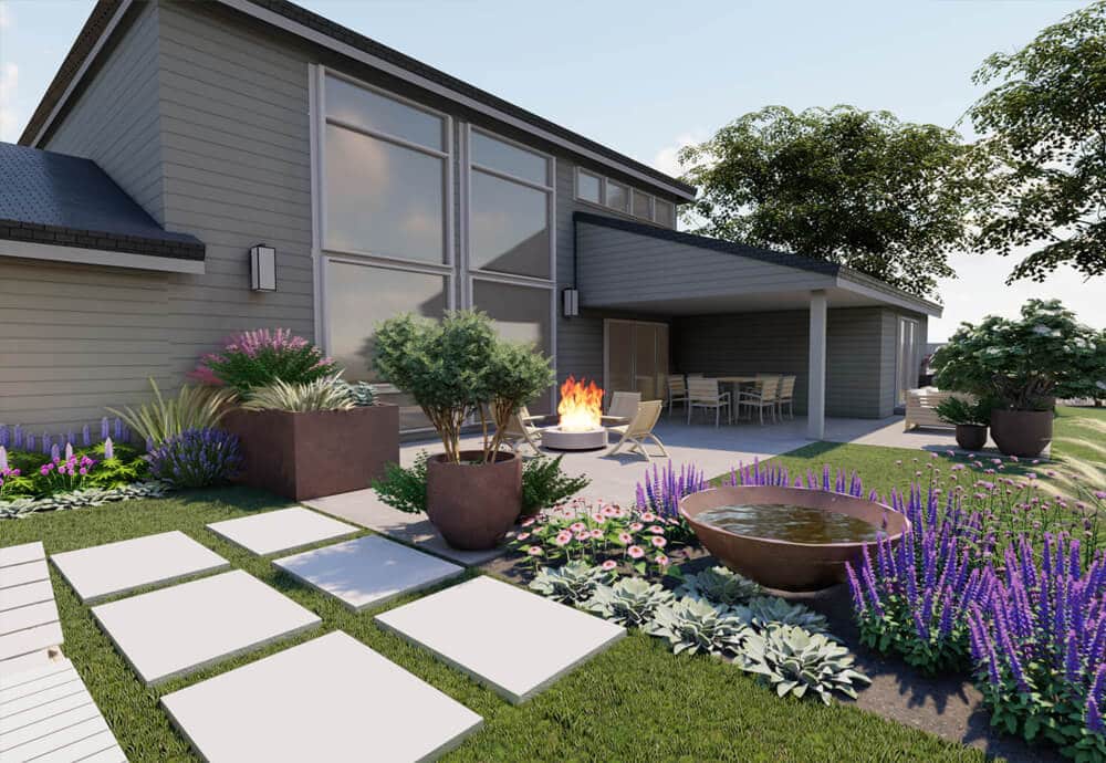 Gray painted home exterior with patio and summer garden